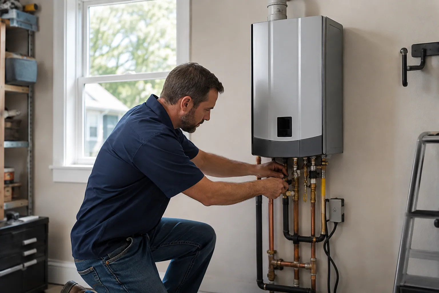 Professional plumber installing a tankless water heater